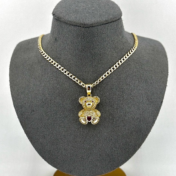 18K Gold Plated over 925 Sterling Silver Teddy Bear With Heart Pendant Necklace - Picture 1 of 9